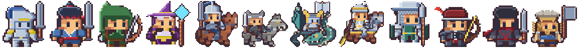 A line-up of twelve pixel-art unit classes: knight, myrmidon, archer, mage, cavalier, wolf knight, wyvern lord, paladin, warden, marksman, shadowblade and skald.