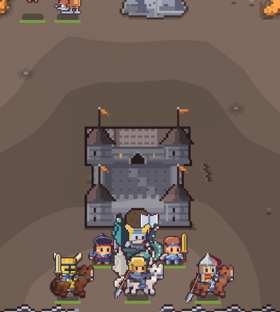 A cave-floor dungeon with a stone keep and a lava flow, your party below and monsters ahead.