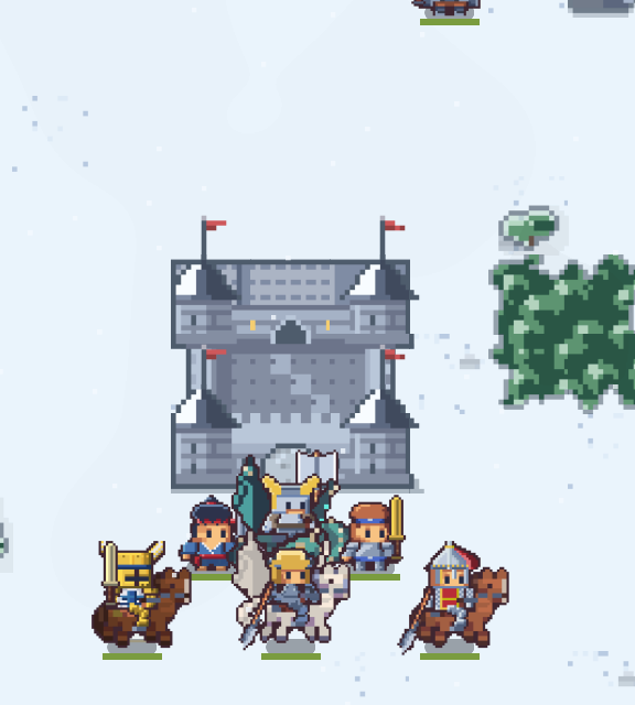A snowfield with a stone keep, your party gathered in front of it and enemies waiting beyond.